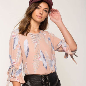 Pink Feather Print Bell Sleeve Top